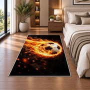 flaming soccer ball rug in a bedroom beside the bed