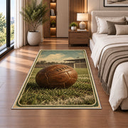 vintage leather soccer ball rug in a bedroom beside the bed