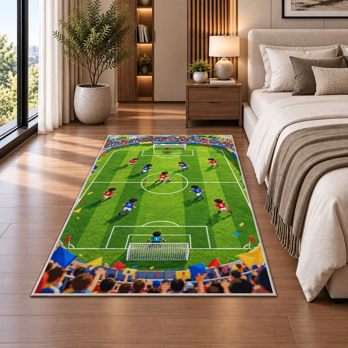 cartoon kids soccer match rug in a bedroom beside the bed