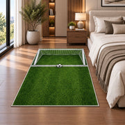 soccer goal top view rug in a bedroom beside the bed