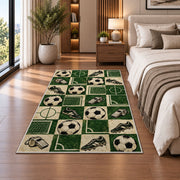 retro checkered soccer pattern rug in a bedroom beside the bed