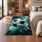 low poly geometric soccer ball rug in a bedroom beside the bed