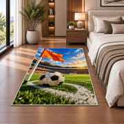 corner flag and soccer ball rug in a bedroom beside the bed