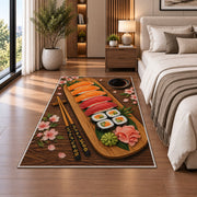 Sushi Platter Rug in a bedroom beside the bed