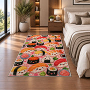 Kawaii Sushi Rug in a bedroom beside the bed