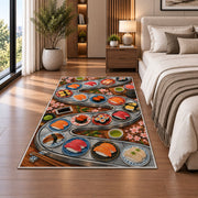 Conveyor Belt Sushi Rug in a bedroom beside the bed