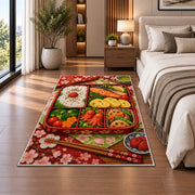 Bento Box Rug in a bedroom beside the bed