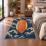 Salmon Nigiri Rug in a bedroom beside the bed