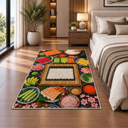 Sushi Making Rug in a bedroom beside the bed