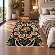 Sushi Mandala Rug in a bedroom beside the bed