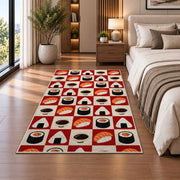 Checkered Sushi Rug in a bedroom beside the bed