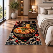 Ramen Bowl on Black Rug in a bedroom beside the bed
