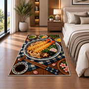 Tempura Udon Rug in a bedroom beside the bed