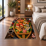 Sushi Boat Rug in a bedroom beside the bed