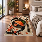 Minimalist Sushi Rug in a bedroom beside the bed