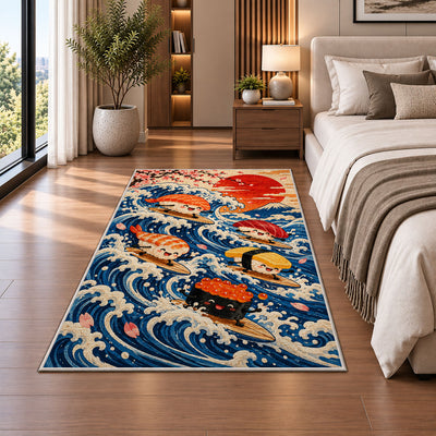 Surfing Sushi Rug in a bedroom beside the bed