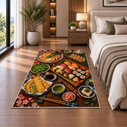 Japanese Feast Rug in a bedroom beside the bed