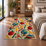 School Supplies Pattern Rug in a bedroom beside the bed