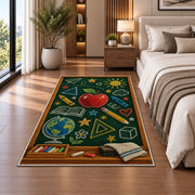 Chalkboard Doodle Rug in a bedroom beside the bed