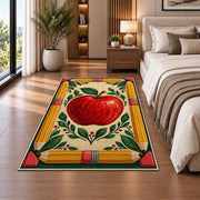 Pencil Frame Apple Rug in a bedroom beside the bed