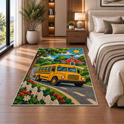 School Bus Rug in a bedroom beside the bed