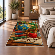 Vintage Globe Teacher Rug in a bedroom beside the bed