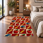 Apple Checkered Rug in a bedroom beside the bed