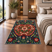 Folk Art Apple Rug in a bedroom beside the bed