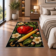 Apple and Pencil Rug in a bedroom beside the bed