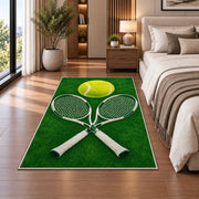 Tennis Rackets and Ball Rug in a bedroom beside the bed