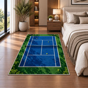 Tennis Court Rug in a bedroom beside the bed