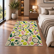 Tennis Pattern Rug in a bedroom beside the bed