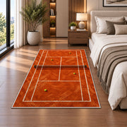 Clay Tennis Court Rug in a bedroom beside the bed