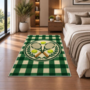 Tennis Club Rug in a bedroom beside the bed