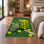 Tennis Ball Basket Rug in a bedroom beside the bed