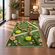 Floral Tennis Racket Rug in a bedroom beside the bed