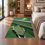 Tennis Net Rug in a bedroom beside the bed