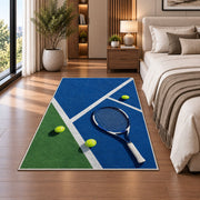 Blue Hard Court Tennis Rug in a bedroom beside the bed