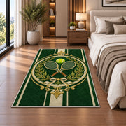 Vintage Tennis Crest Rug in a bedroom beside the bed
