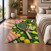Summer Tennis Rug in a bedroom beside the bed