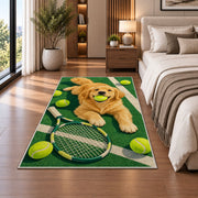 Dog with Tennis Ball Rug in a bedroom beside the bed