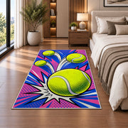 Pop Art Tennis Ball Rug in a bedroom beside the bed