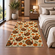 Turkey and Pumpkin Pattern Rug in a bedroom beside the bed