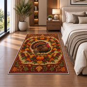 Autumn Wreath Turkey Rug in a bedroom beside the bed