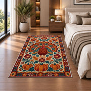 Folk Art Turkey Rug in a bedroom beside the bed