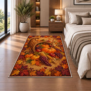 Cornucopia Harvest Rug in a bedroom beside the bed