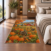 Pumpkin Patch Farm Rug in a bedroom beside the bed