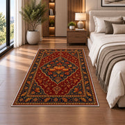 Persian Style Pumpkin Rug in a bedroom beside the bed