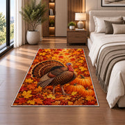 Turkey in Fall Leaves Rug in a bedroom beside the bed