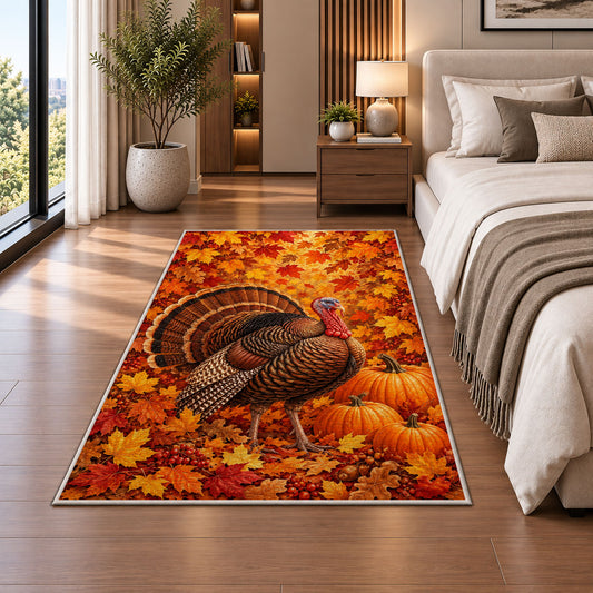 Turkey in Fall Leaves Rug in a bedroom beside the bed